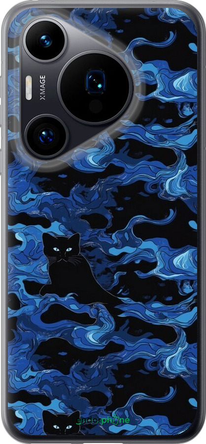 Силиконовый чехол Абстрактный узор черных котов на синем фоне для Huawei Pura 70 - 6525u-3703 изображение 