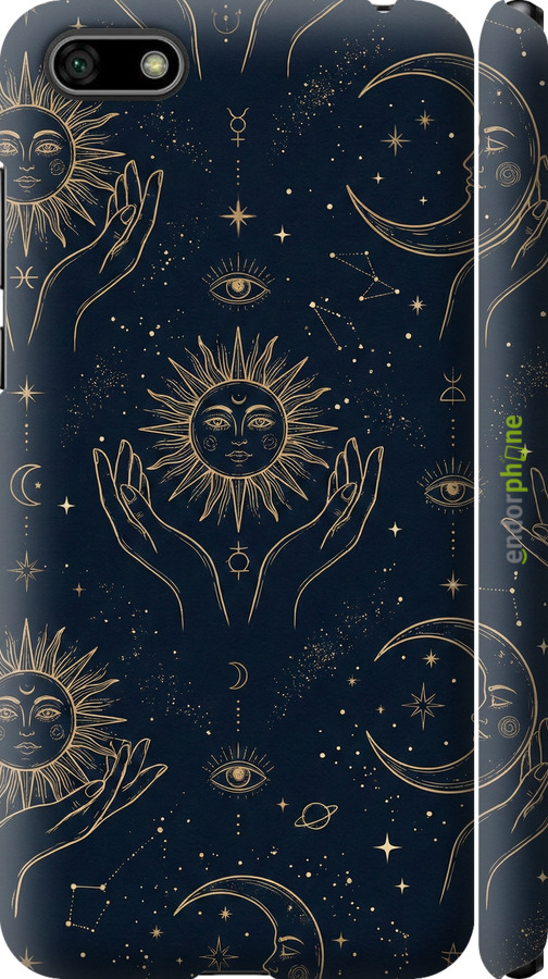 3D пластиковый матовый чехол Celestial Harmony: Sun & Moon Gold Mystic Pattern для Huawei Y5 2018 - 6778m-1500 изображение 