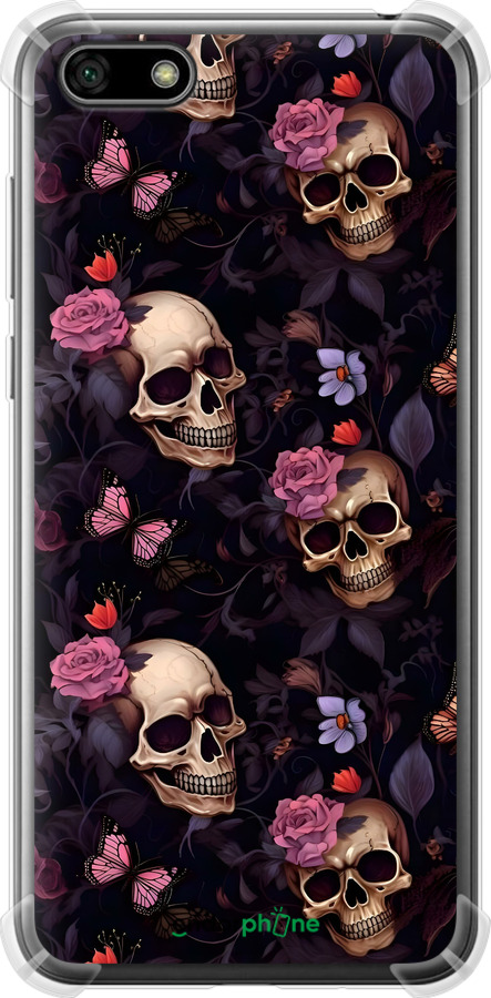 Силикон с усиленными углами чехол Черепа и розы для Huawei Y5 2018 - 6316sp-1500 изображение 