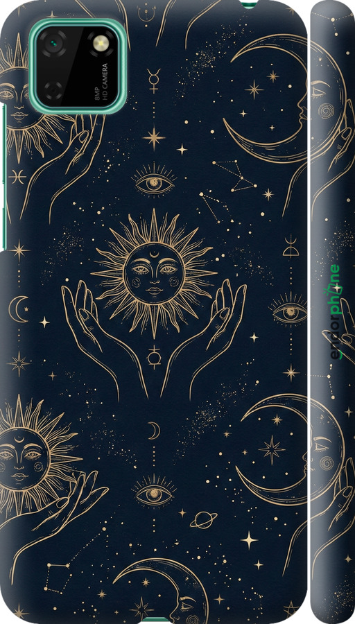 3D пластиковый матовый чехол Celestial Harmony: Sun & Moon Gold Mystic Pattern для Huawei Y5p - 6778m-1936 изображение 