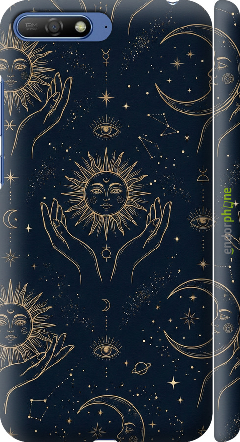 3D пластиковий матовий чехол Celestial Harmony: Sun & Moon Gold Mystic Pattern для Huawei Y6 2018 - 6778m-1637 изображение 