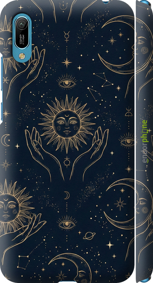 3D пластиковый матовый чехол Celestial Harmony: Sun & Moon Gold Mystic Pattern для Huawei Y6 2019 - 6778m-1666 изображение 