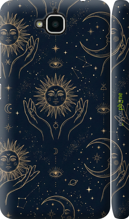 3D пластиковый матовый чехол Celestial Harmony: Sun & Moon Gold Mystic Pattern для Huawei Y6 Pro - 6778m-355 изображение 