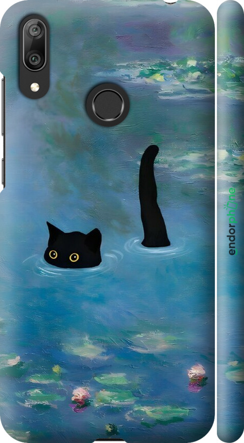 3D пластиковий матовий чехол Із зображенням кота та водяної лілії Monet для Huawei Y7 2019 - 6519m-1638 изображение 