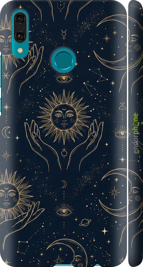 3D пластиковый матовый чехол Celestial Harmony: Sun & Moon Gold Mystic Pattern для Huawei Y9 2019 - 6778m-1602 изображение 