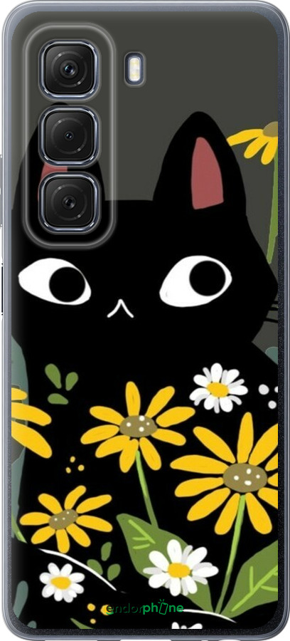 Силиконовый чехол Черный кот с цветами для Infinix Hot 50 5G - 6448u-3795 изображение 