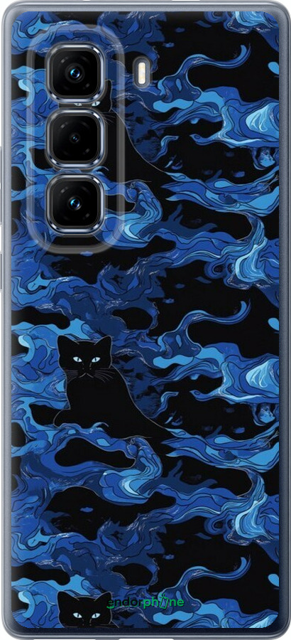 Силиконовый чехол Абстрактный узор черных котов на синем фоне для Infinix Hot 50 Pro+ 4G - 6525u-3870 изображение 