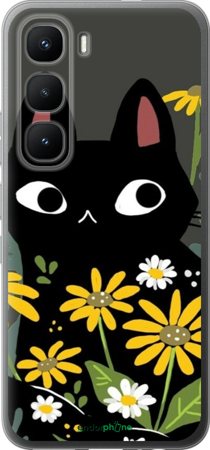 Силиконовый чехол Черный кот с цветами для Infinix Hot 60 Pro - 6448u-4126 изображение 