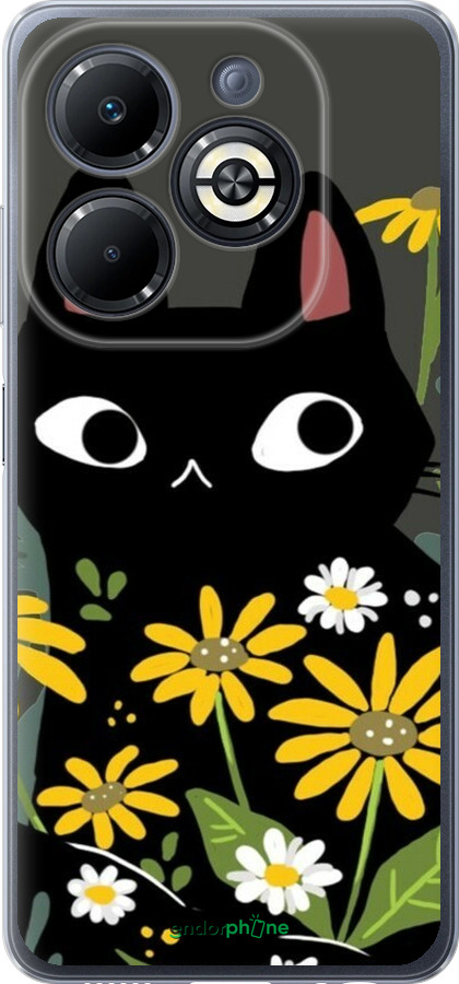 Силиконовый чехол Черный кот с цветами для Infinix Smart 8 Plus - 6448u-3677 изображение 