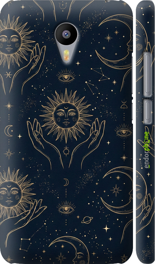 3D пластиковый матовый чехол Celestial Harmony: Sun & Moon Gold Mystic Pattern для Meizu M2 Note - 6778m-94 изображение 