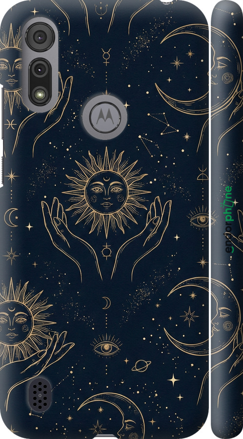 3D пластиковий матовий чехол Celestial Harmony: Sun & Moon Gold Mystic Pattern для Motorola E6i - 6778m-2355 изображение 