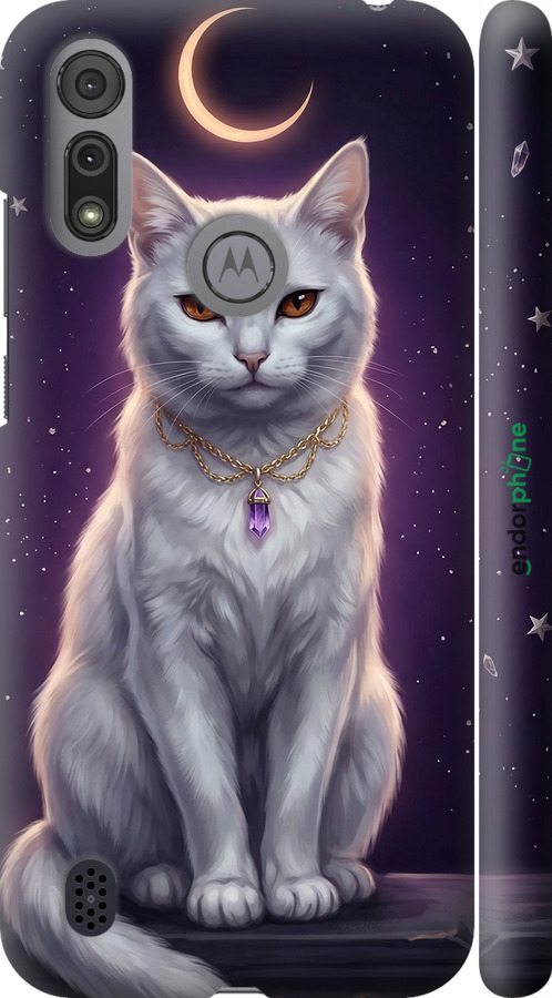 3D пластиковый матовый чехол Mystic White Cat Gothic Dark Purple Gold для Motorola E6i - 6805m-2355 изображение 