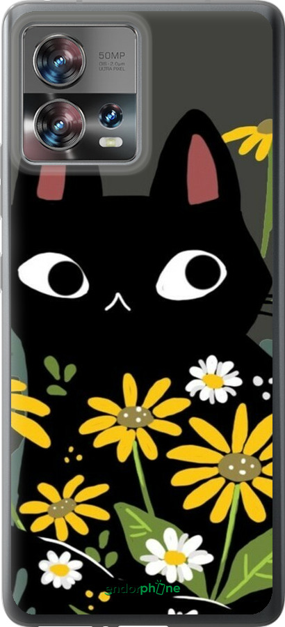 Силиконовый чехол Черный кот с цветами для Motorola Edge 30 Fusion 5G - 6448u-3198 изображение 