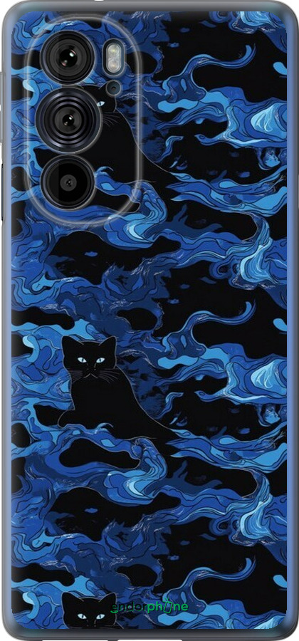 Силиконовый чехол Абстрактный узор черных котов на синем фоне для Motorola Edge 30 Pro - 6525u-2826 изображение 
