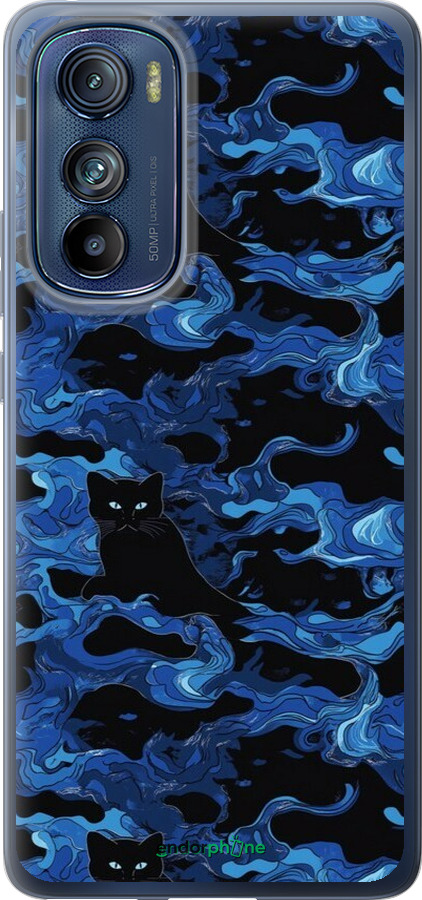 Силиконовый чехол Абстрактный узор черных котов на синем фоне для Motorola Edge 30 - 6525u-2840 изображение 