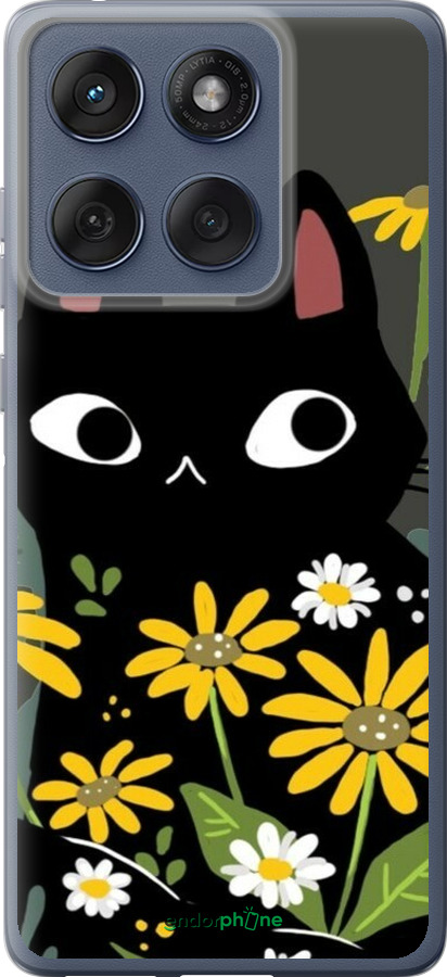 Силиконовый чехол Черный кот с цветами для Motorola Edge 60 Fusion 5G - 6448u-4021 изображение 