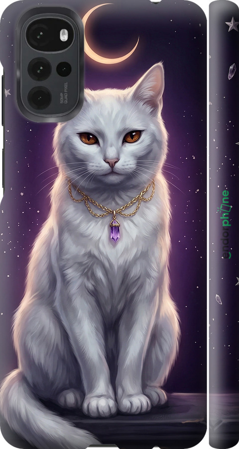 3D пластиковый матовый чехол Mystic White Cat Gothic Dark Purple Gold для Motorola G22 - 6805m-2681 изображение 