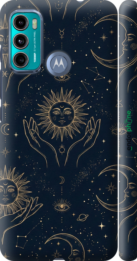 3D пластиковый матовый чехол Celestial Harmony: Sun & Moon Gold Mystic Pattern для Motorola G60 - 6778m-2467 изображение 