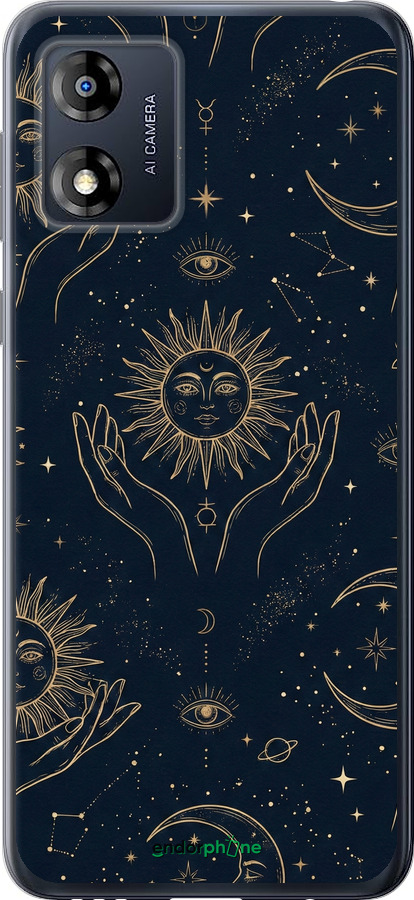 Силиконовый чехол Celestial Harmony: Sun & Moon Gold Mystic Pattern для Motorola Moto E13 - 6778u-3053 изображение 