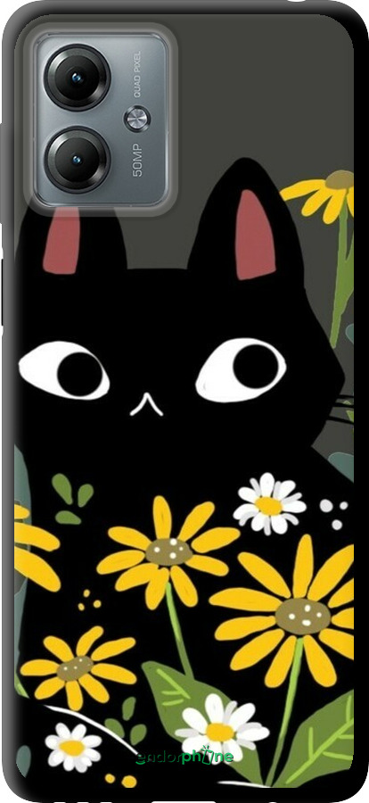 TPU чехол Чорний кіт з квітами для Motorola Moto G14 - 6448b-3197 изображение 