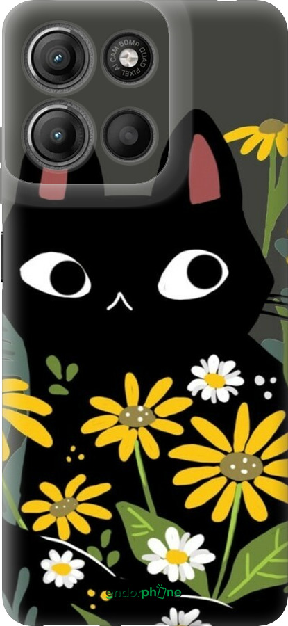 Силиконовый чехол Черный кот с цветами для Motorola Moto G15 Power - 6448u-4044 изображение 