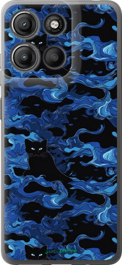 Силиконовый чехол Абстрактный узор черных котов на синем фоне для Motorola Moto G15 Power - 6525u-4044 изображение 