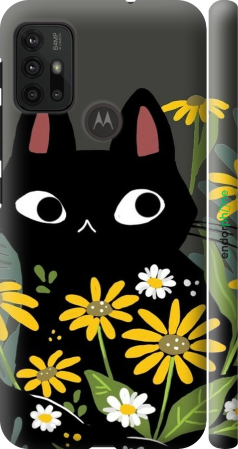 3D пластиковый матовый чехол Черный кот с цветами для Motorola Moto G20 - 6448m-2461 изображение 