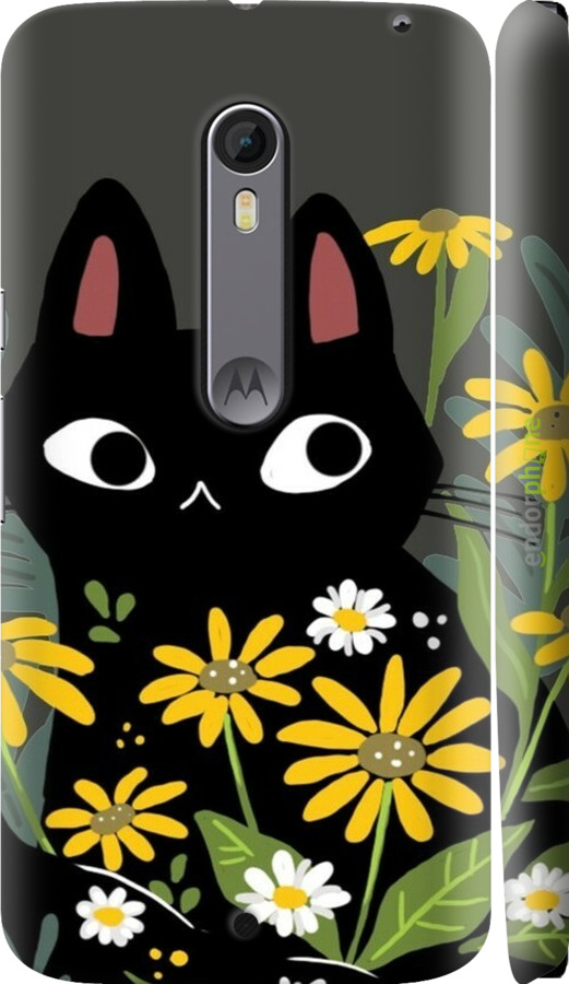 3D пластиковый глянцевый чехол Черный кот с цветами для Motorola Moto X Style - 6448c-455 изображение 