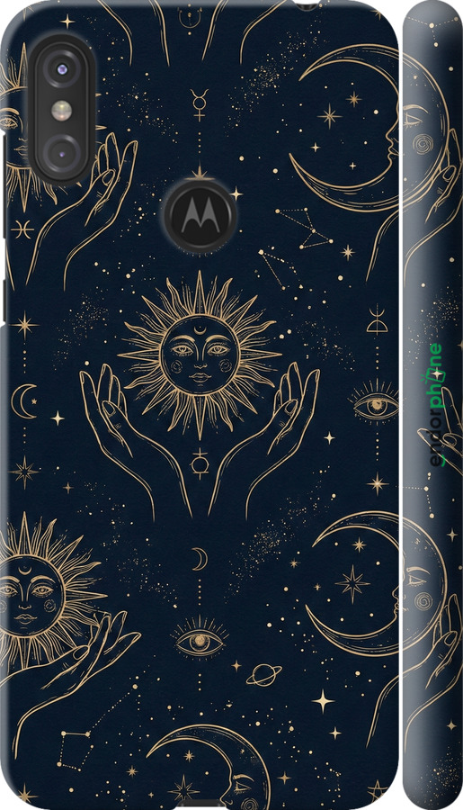 3D пластиковий матовий чехол Celestial Harmony: Sun & Moon Gold Mystic Pattern для Motorola One Power - 6778m-1588 изображение 