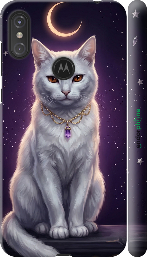 3D пластиковый матовый чехол Mystic White Cat Gothic Dark Purple Gold для Motorola One Power - 6805m-1588 изображение 