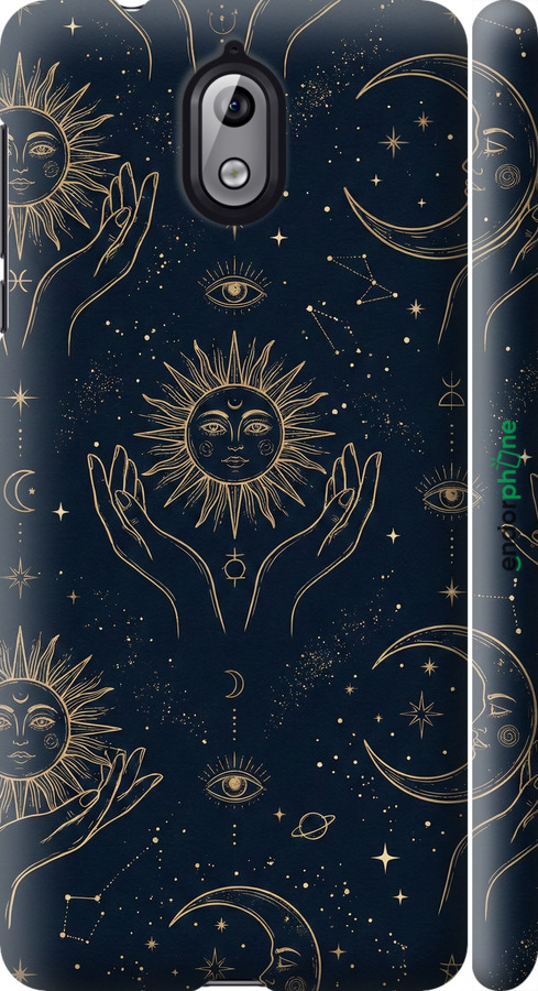 3D пластиковый матовый чехол Celestial Harmony: Sun & Moon Gold Mystic Pattern для Nokia 3.1 - 6778m-1530 изображение 