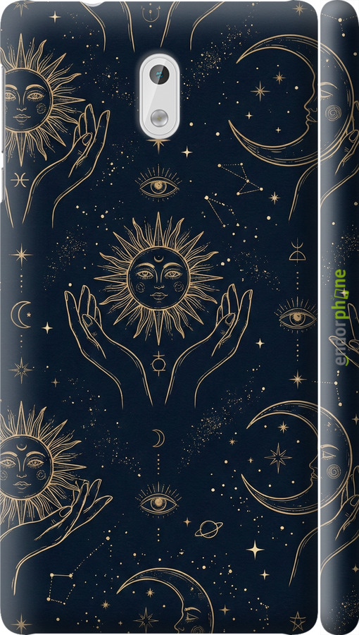 3D пластиковый матовый чехол Celestial Harmony: Sun & Moon Gold Mystic Pattern для Nokia 3 - 6778m-818 изображение 