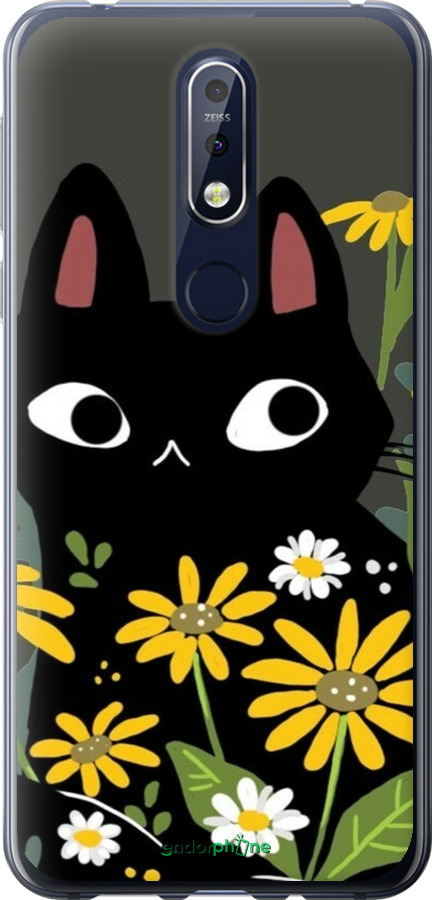 Силиконовый чехол Черный кот с цветами для Nokia 7.1 - 6448u-1593 изображение 