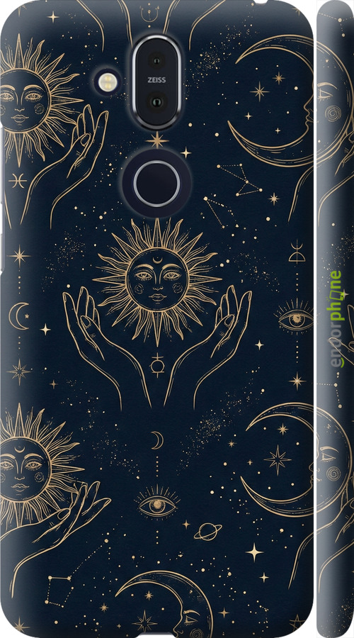 3D пластиковый матовый чехол Celestial Harmony: Sun & Moon Gold Mystic Pattern для Nokia 8.1 - 6778m-1620 изображение 