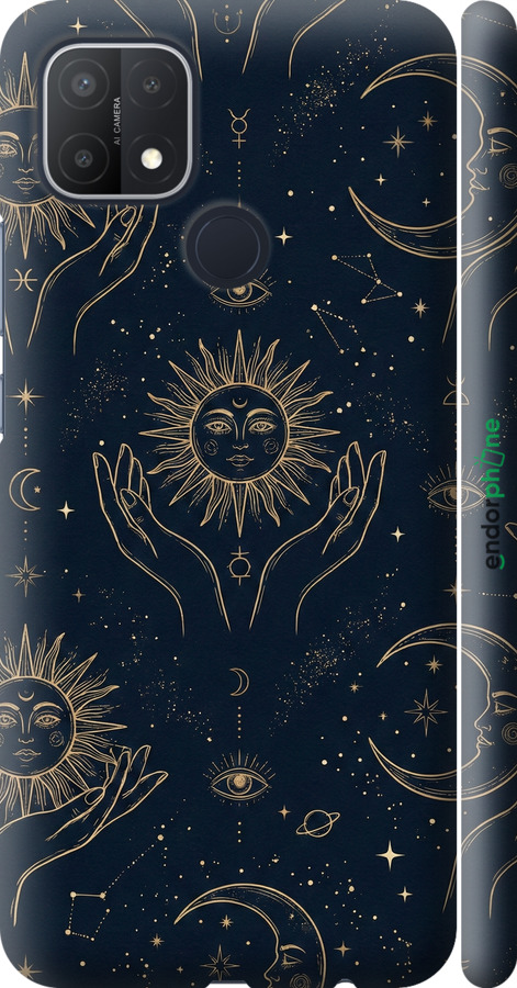 3D пластиковый матовый чехол Celestial Harmony: Sun & Moon Gold Mystic Pattern для Oppo A15 - 6778m-2119 изображение 