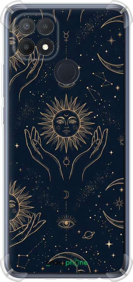 Силикон с усиленными углами чехол Celestial Harmony: Sun & Moon Gold Mystic Pattern для Oppo A15s - 6778sp-2527 изображение 