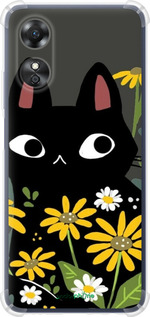 Силикон с усиленными углами чехол Черный кот с цветами для Oppo A17 - 6448sp-2954 изображение 