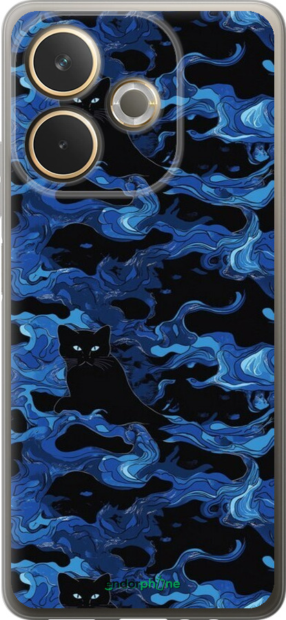 Силиконовый чехол Абстрактный узор черных котов на синем фоне для Oppo A5 PRO - 6525u-3956 изображение 