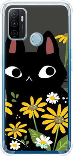 Силикон с усиленными углами чехол Черный кот с цветами для Oppo A53 - 6448sp-568 изображение 