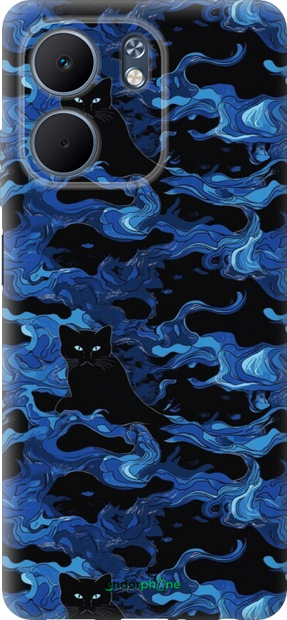 Силиконовый чехол Абстрактный узор черных котов на синем фоне для Oppo A5X 4G/5G - 6525u-4090 изображение 