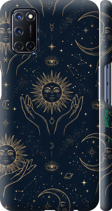 3D пластиковый матовый чехол Celestial Harmony: Sun & Moon Gold Mystic Pattern для Oppo A72 - 6778m-2011 изображение 
