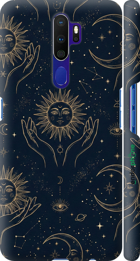 3D пластиковий матовий чехол Celestial Harmony: Sun & Moon Gold Mystic Pattern для Oppo A5 2020 - 6778m-1888 изображение 