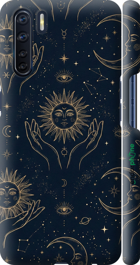 3D пластиковий матовий чехол Celestial Harmony: Sun & Moon Gold Mystic Pattern для Oppo A91 - 6778m-1884 изображение 