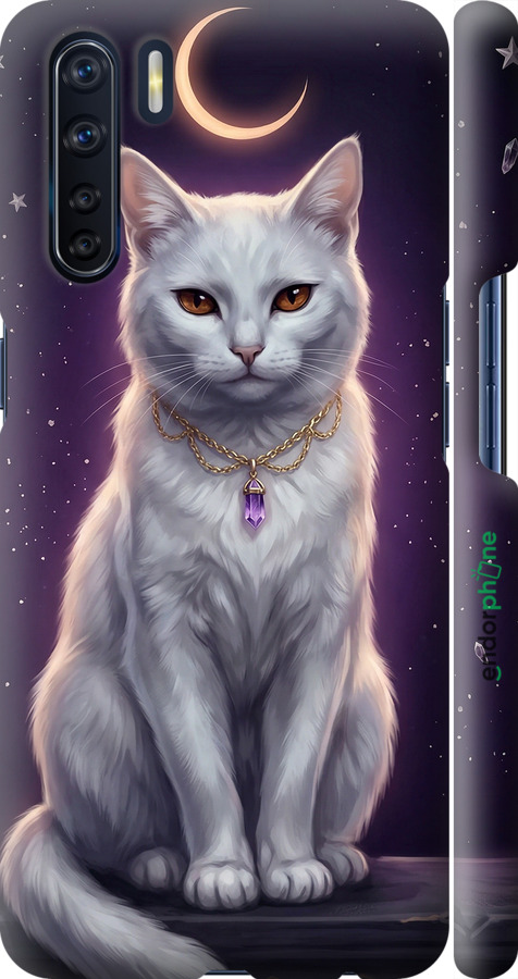 3D пластиковый матовый чехол Mystic White Cat Gothic Dark Purple Gold для Oppo A91 - 6805m-1884 изображение 