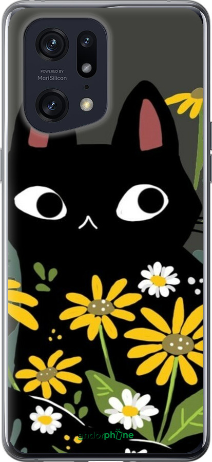 Силиконовый чехол Черный кот с цветами для Oppo Find X5 Pro - 6448u-2603 изображение 