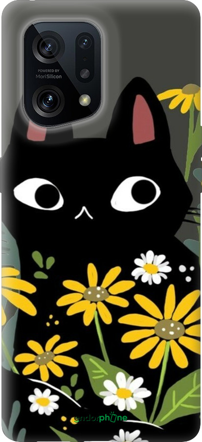 Силіконовий чехол Чорний кіт з квітами для Oppo Find X5 - 6448u-2602 изображение 