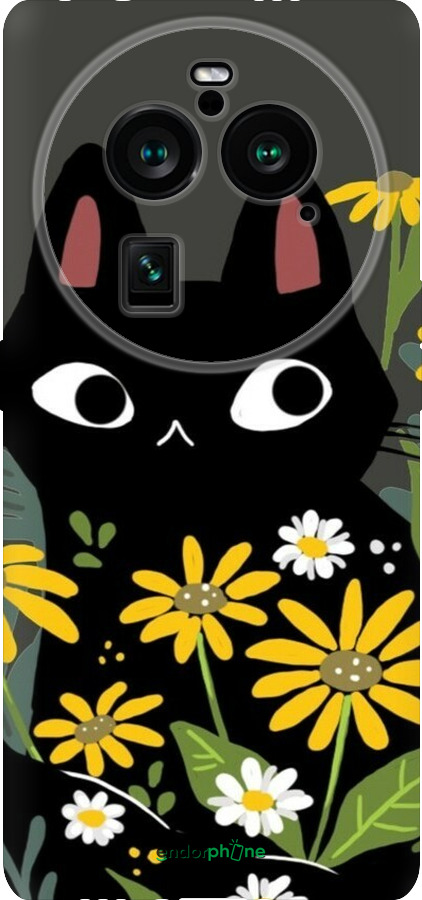 Силиконовый чехол Черный кот с цветами для Oppo Find X6 Pro - 6448u-3041 изображение 