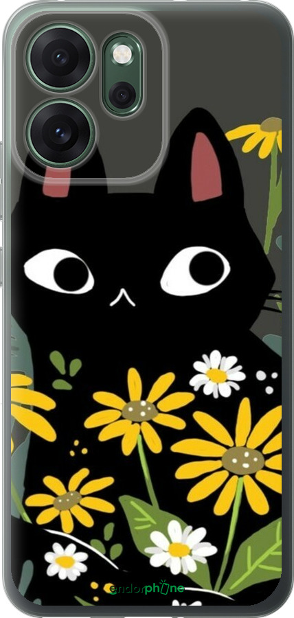 Силиконовый чехол Черный кот с цветами для Oppo RENO 14F 5G - 6448u-4091 изображение 