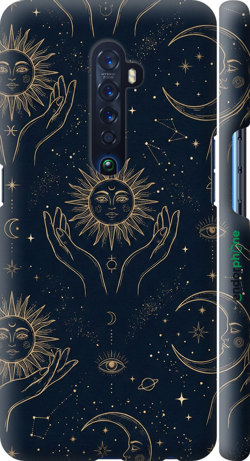 3D пластиковий матовий чехол Celestial Harmony: Sun & Moon Gold Mystic Pattern для Oppo Reno 2 - 6778m-1864 изображение 