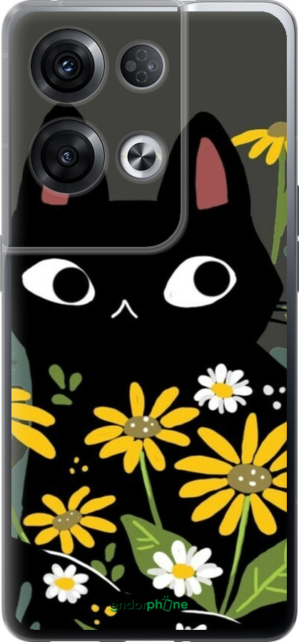 Силиконовый чехол Черный кот с цветами для Oppo Reno8 Pro 5G - 6448u-2615 изображение 
